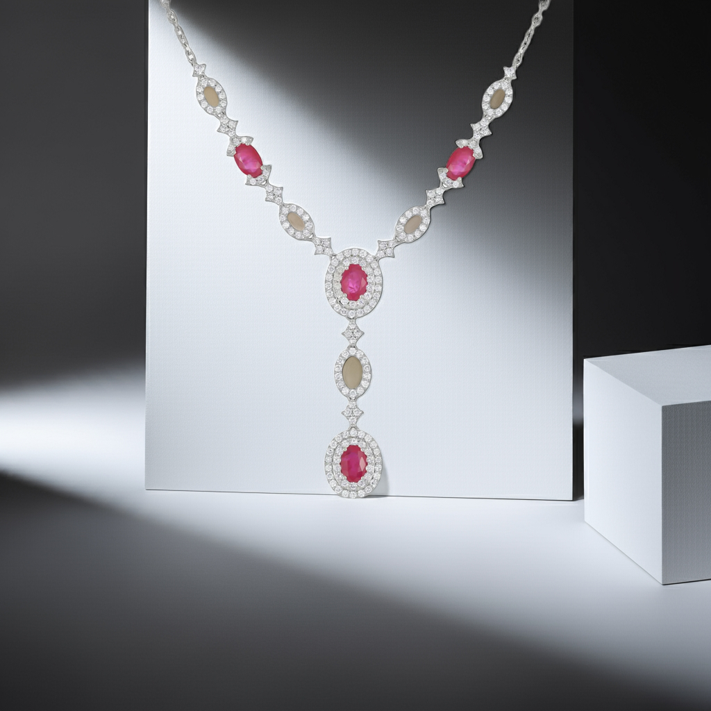 18ct White Gold Diamond and Ruby Drop Necklace