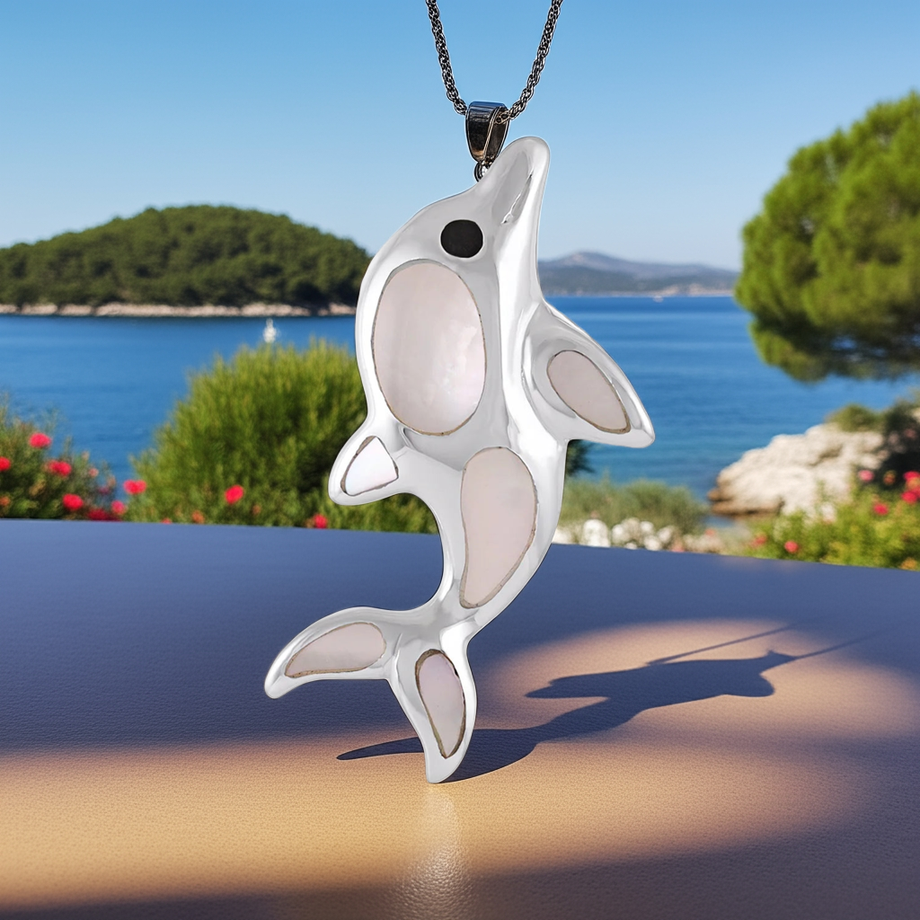 925 Sterling Silver Abalone Shell Dolphin Pendant