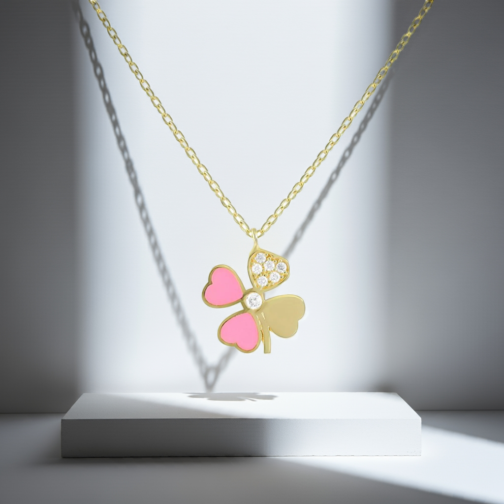 925 Sterling Silver Pink Cubic Zirconia Clover Necklace