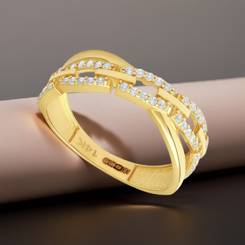14ct Yellow Gold Cubic Zirconia Chain Detail Ring