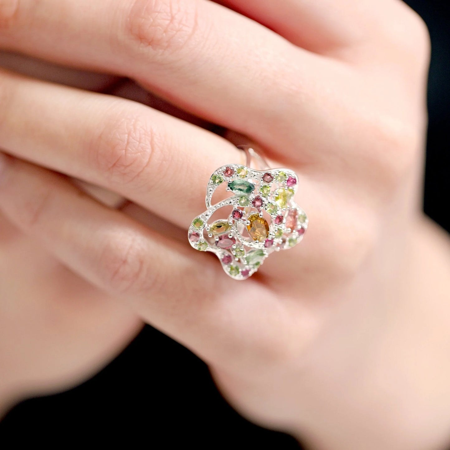 925 Silver Rhodium Plated Multi-tourmaline Flower Ring