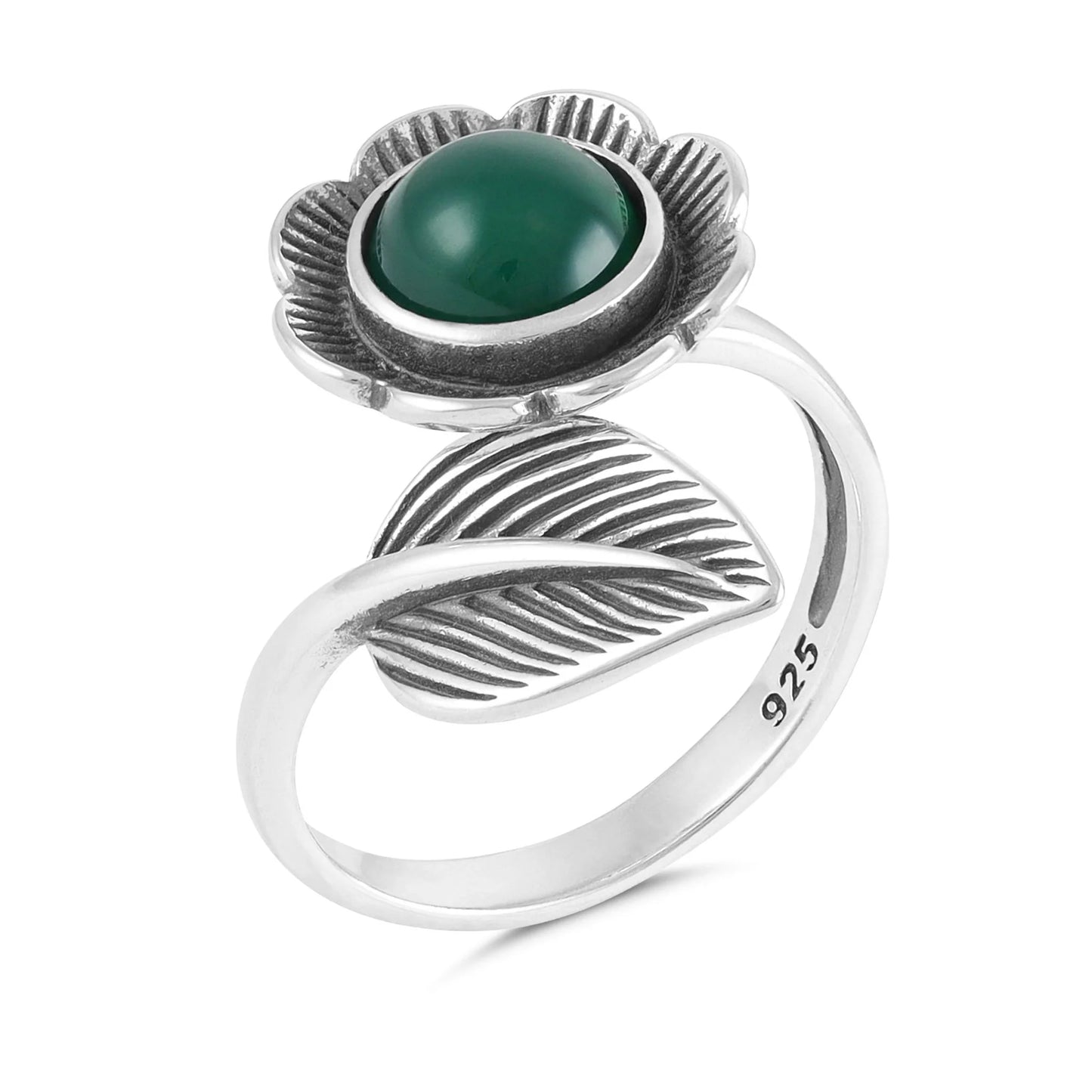 Sterling Silver Flower Green, Red and Black Gemstone Ring