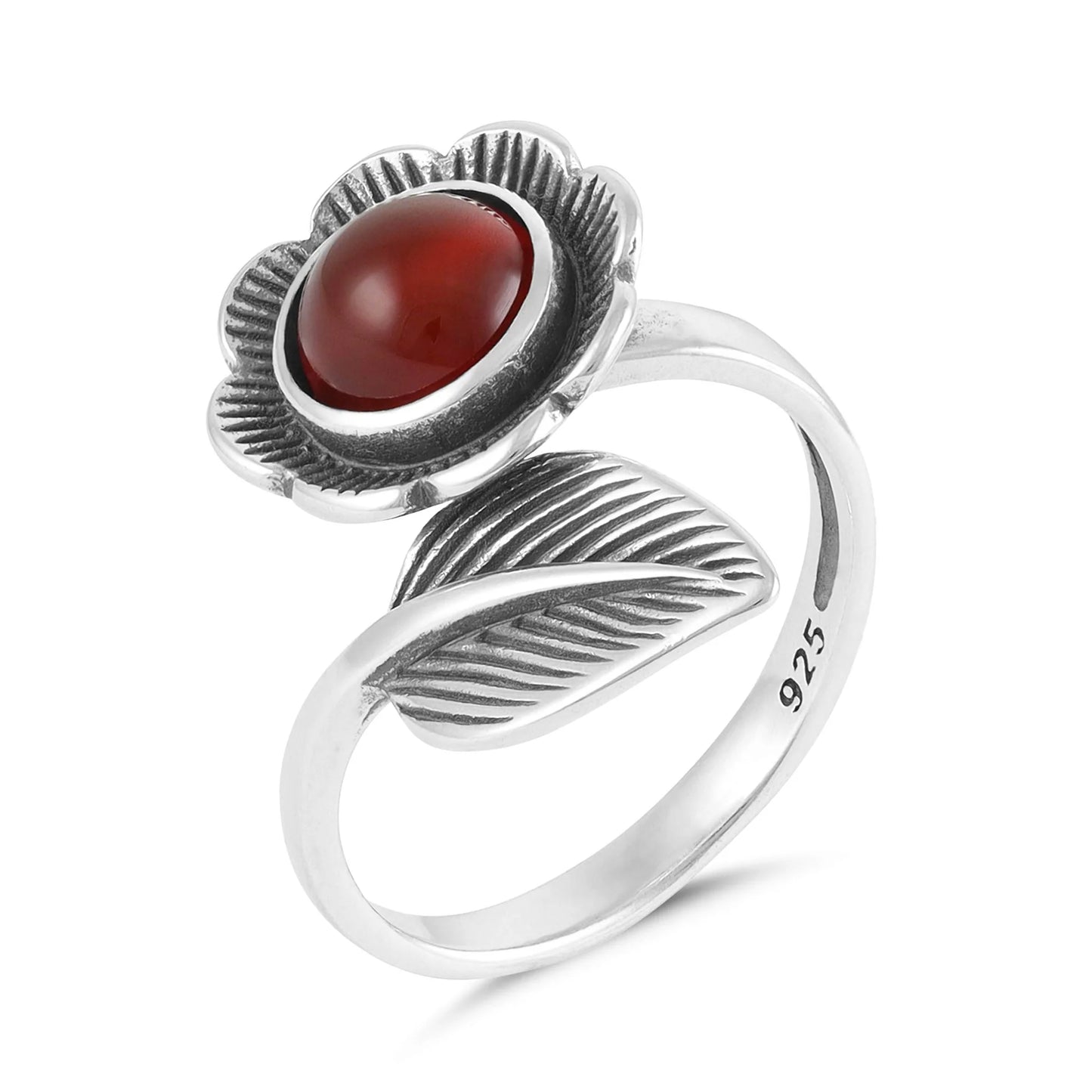 Sterling Silver Flower Green, Red and Black Gemstone Ring