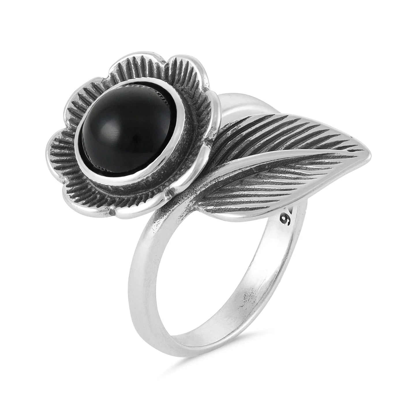 Sterling Silver Flower Green, Red and Black Gemstone Ring