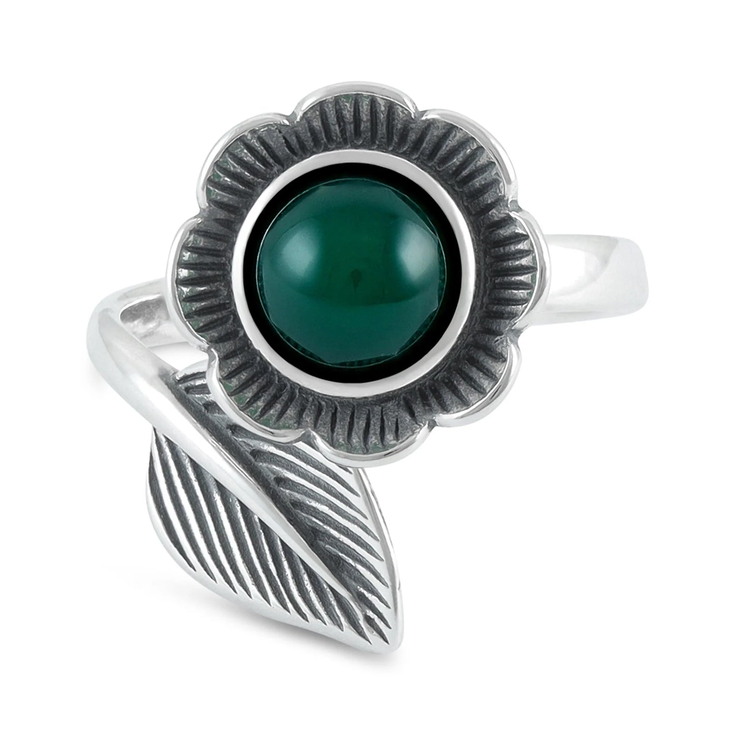 Sterling Silver Flower Green, Red and Black Gemstone Ring