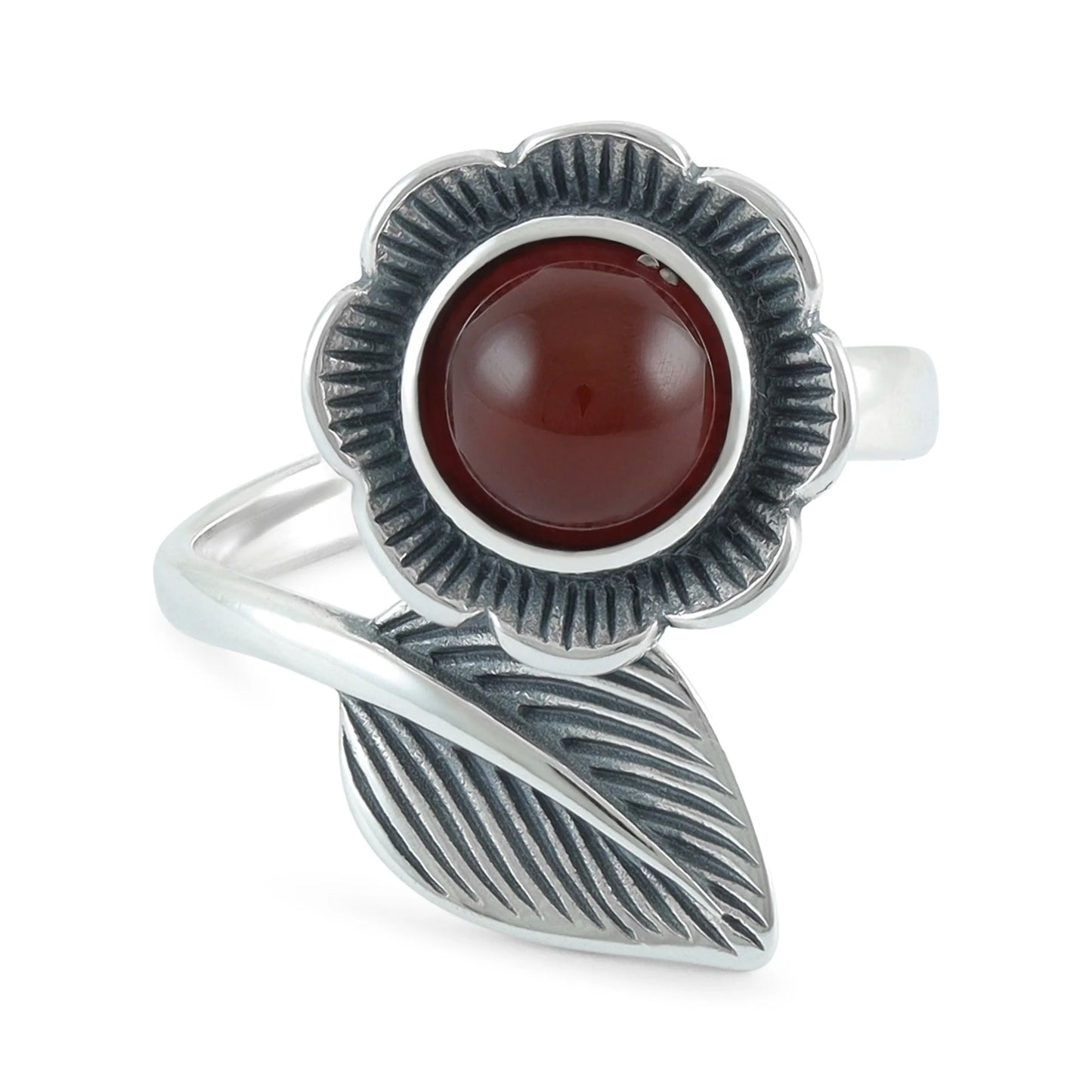 Sterling Silver Flower Green, Red and Black Gemstone Ring