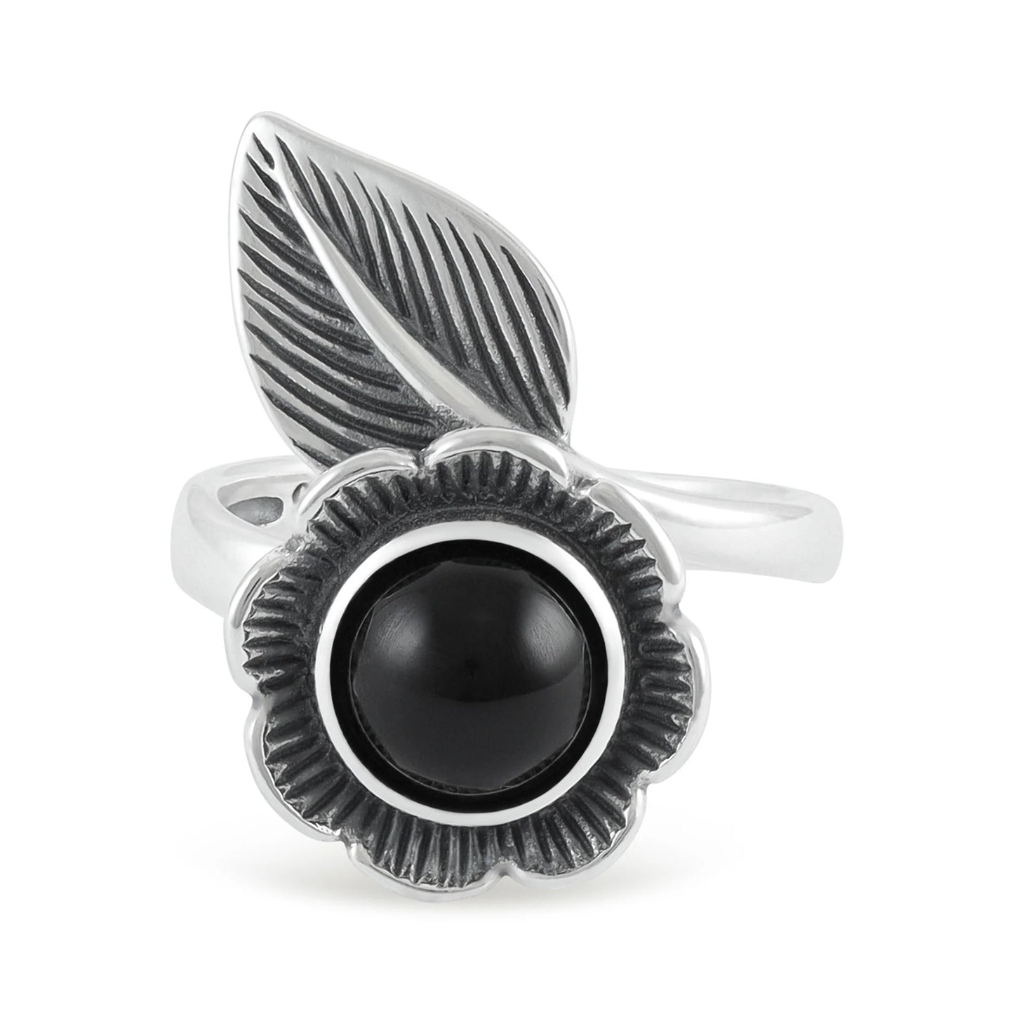 Sterling Silver Flower Green, Red and Black Gemstone Ring