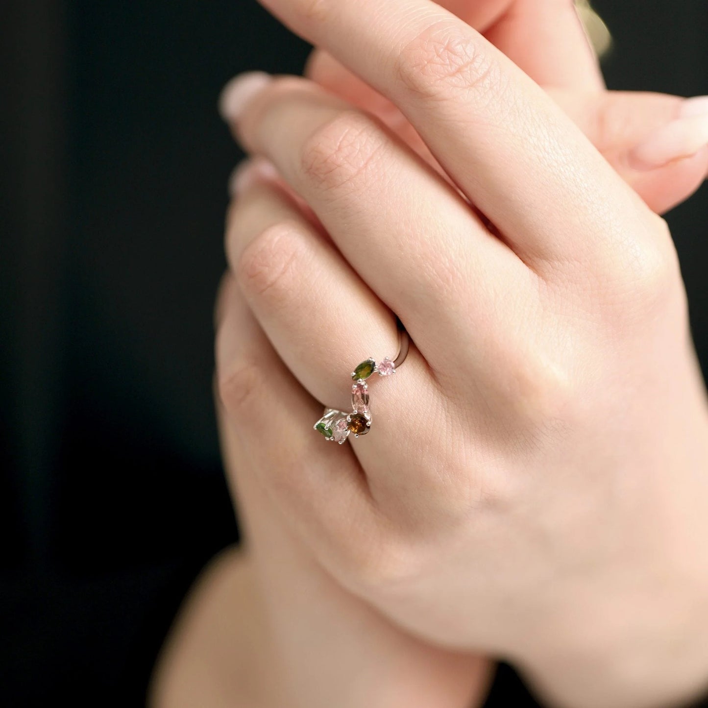 Sterling Silver Rhodium Plated Multi Tourmaline Ring