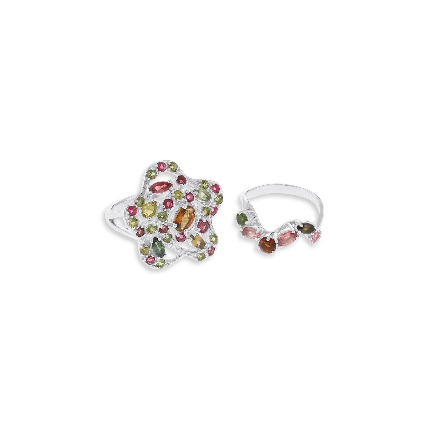 925 Silver Rhodium Plated Multi-tourmaline Flower Ring