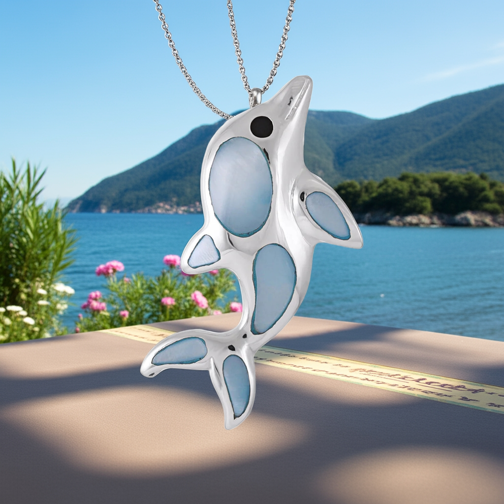 925 Sterling Silver Abalone Shell Dolphin Pendant