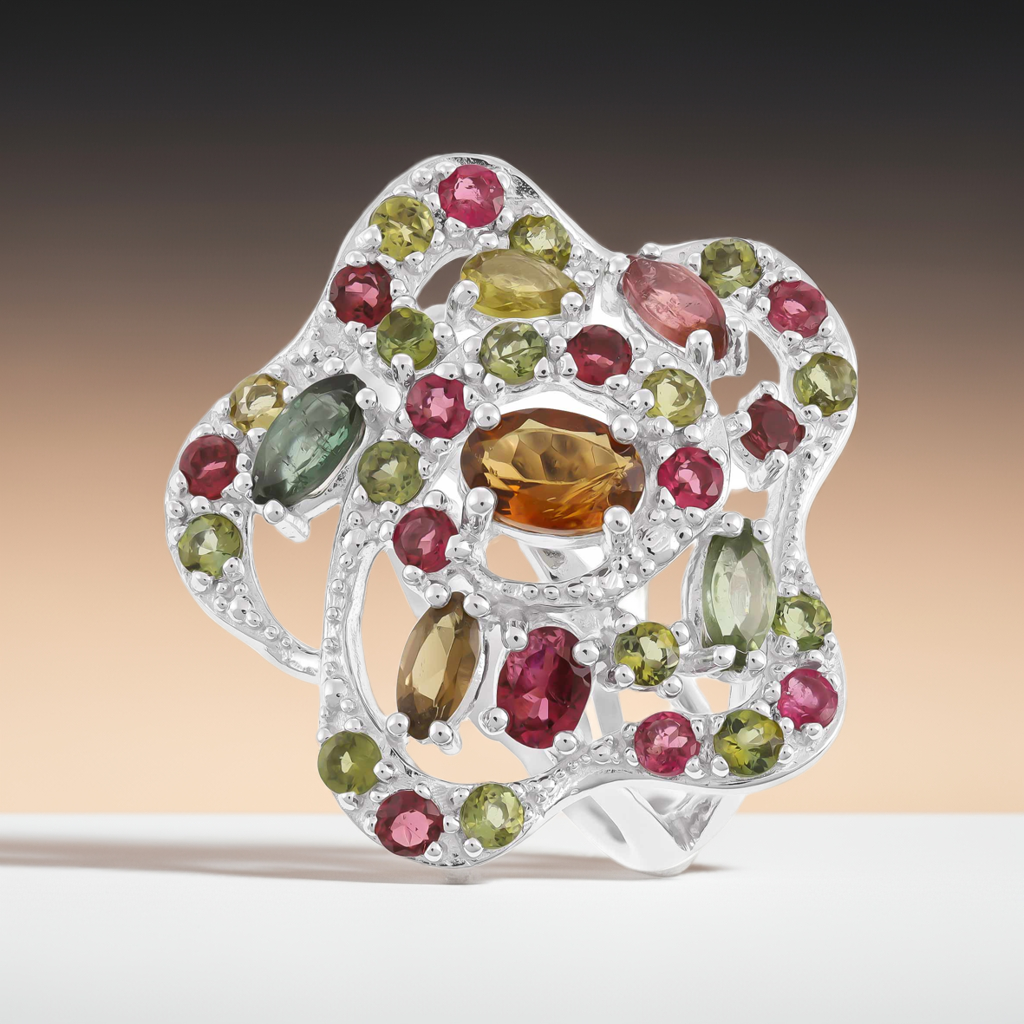 925 Silver Rhodium Plated Multi-tourmaline Flower Ring