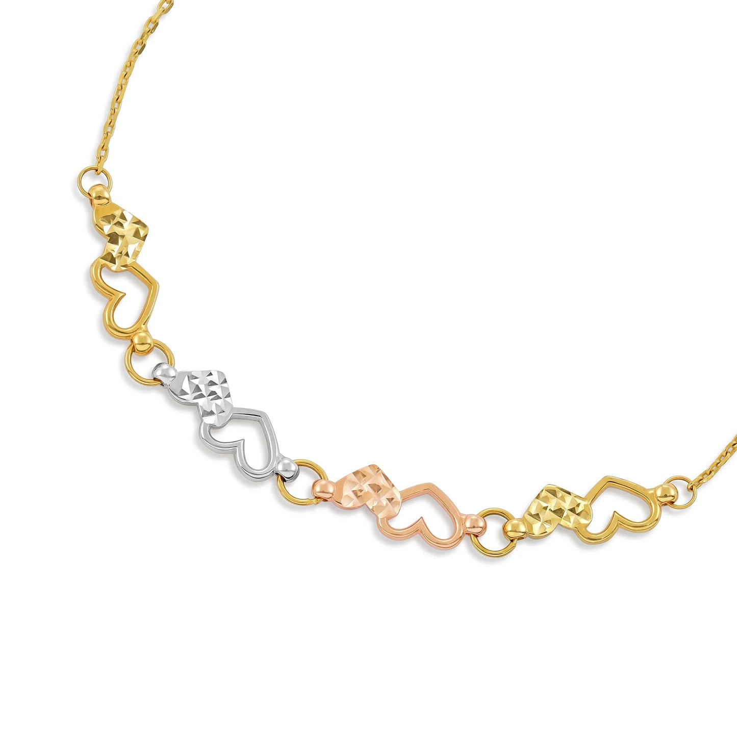 9ct Tri Colour Gold Heart Design Bracelet