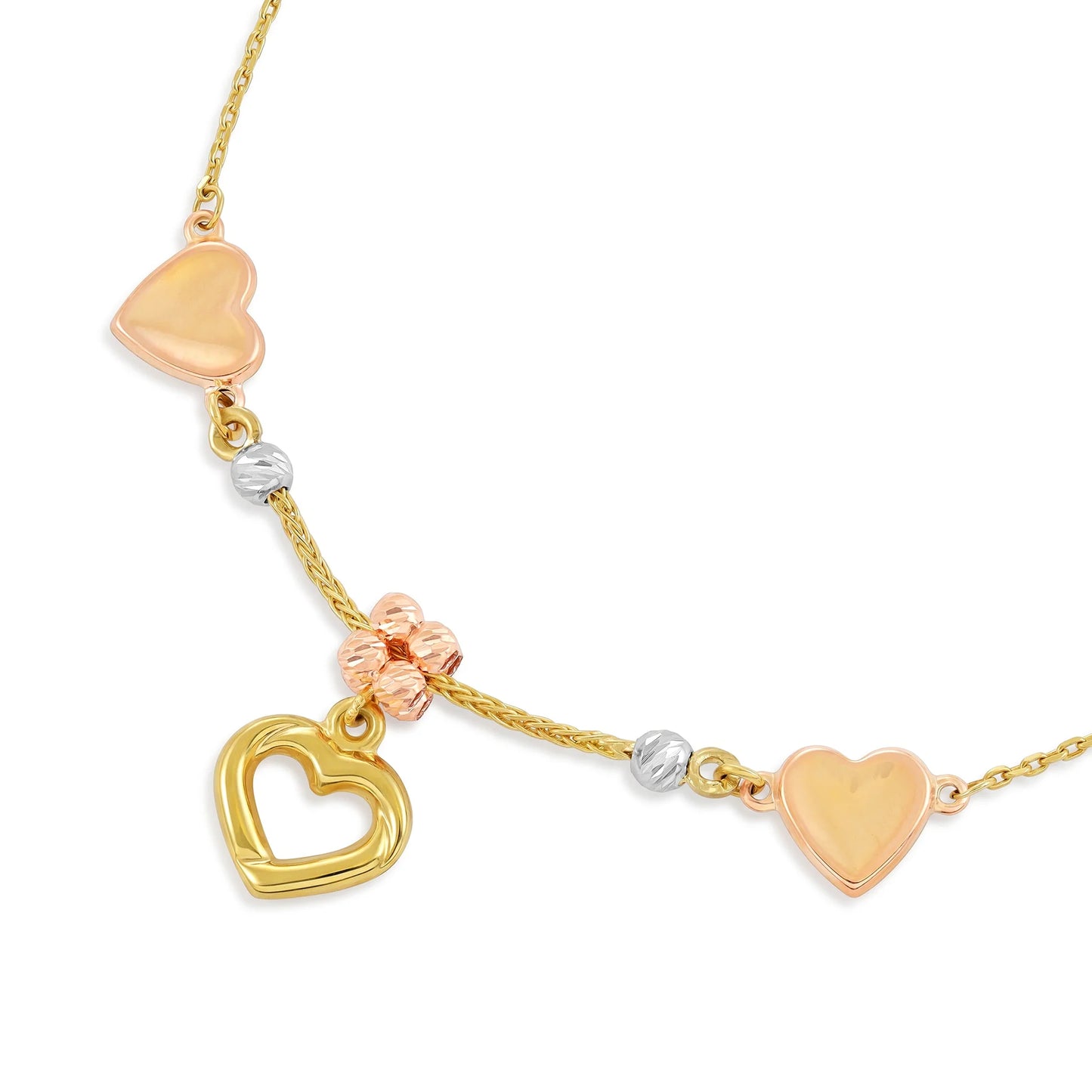 9ct Tri Colour Gold Heart Charm Bracelet