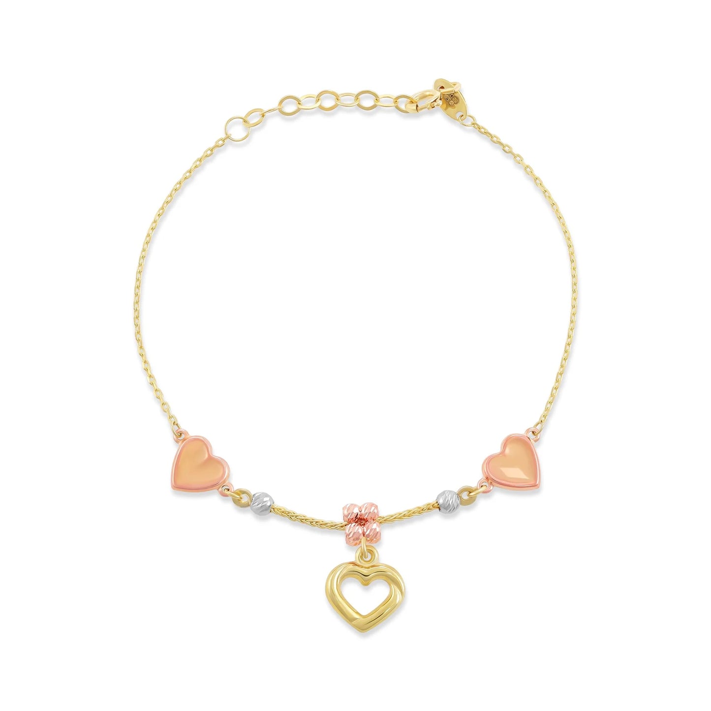 9ct Tri Colour Gold Heart Charm Bracelet