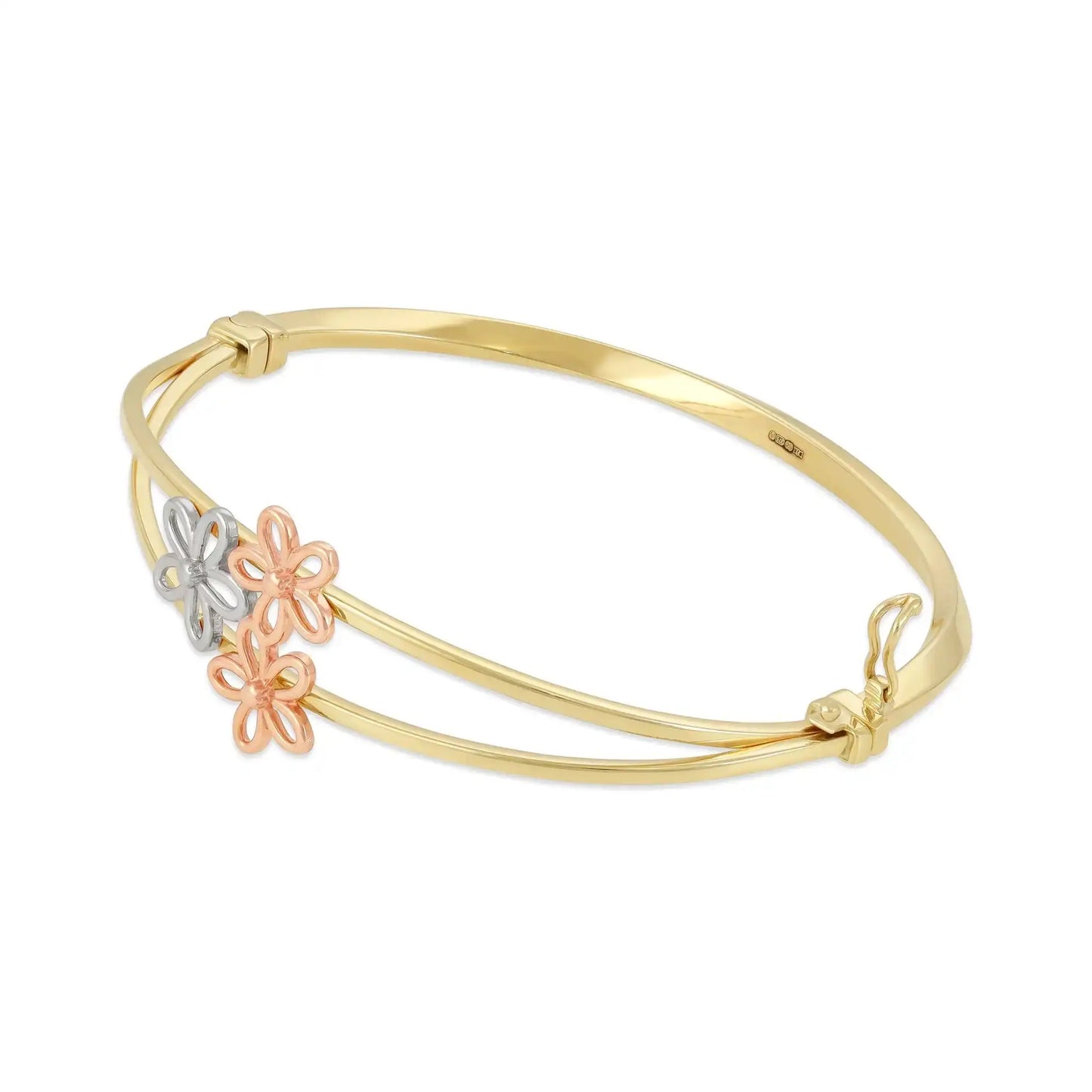 9ct Yellow Gold Tri Tone Flower Detail Bangle