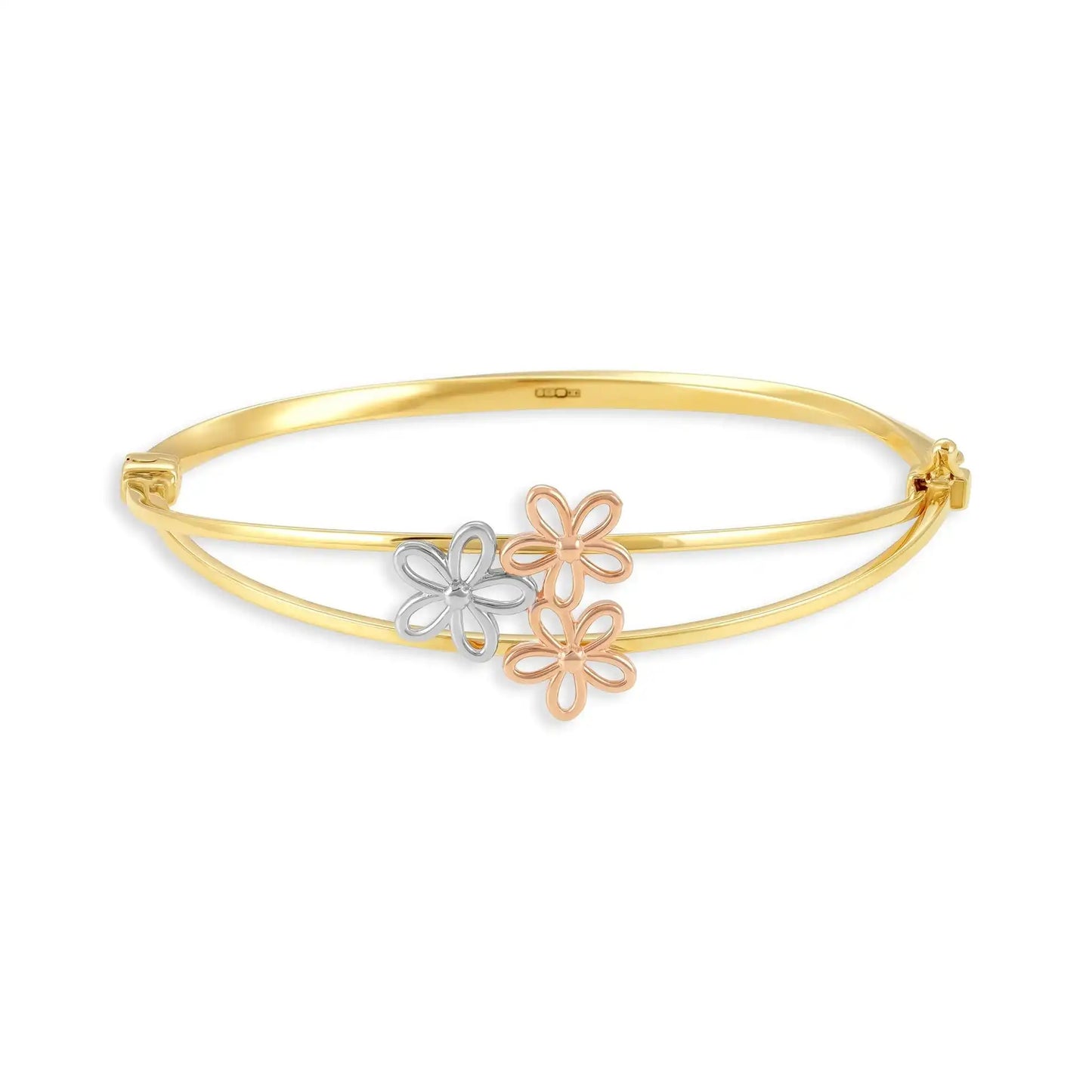 9ct Yellow Gold Tri Tone Flower Detail Bangle