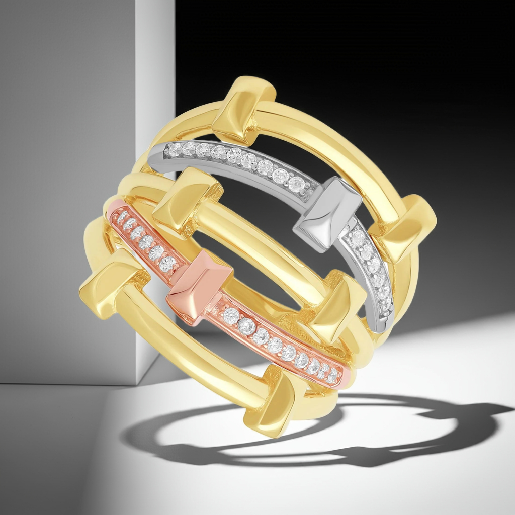 14ct Tri Colour Gold Cubic Zirconia Caged Ring