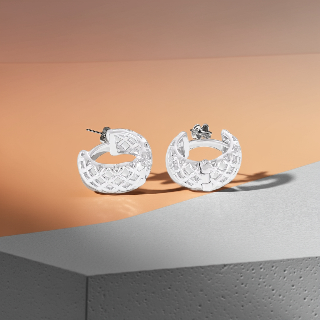 925 Sterling Silver Rhodium Plated Lattice Effect Earrings