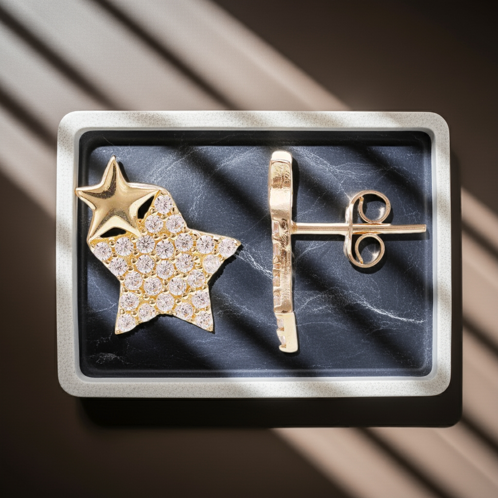 14ct Yellow Gold Double Star Stud Earrings