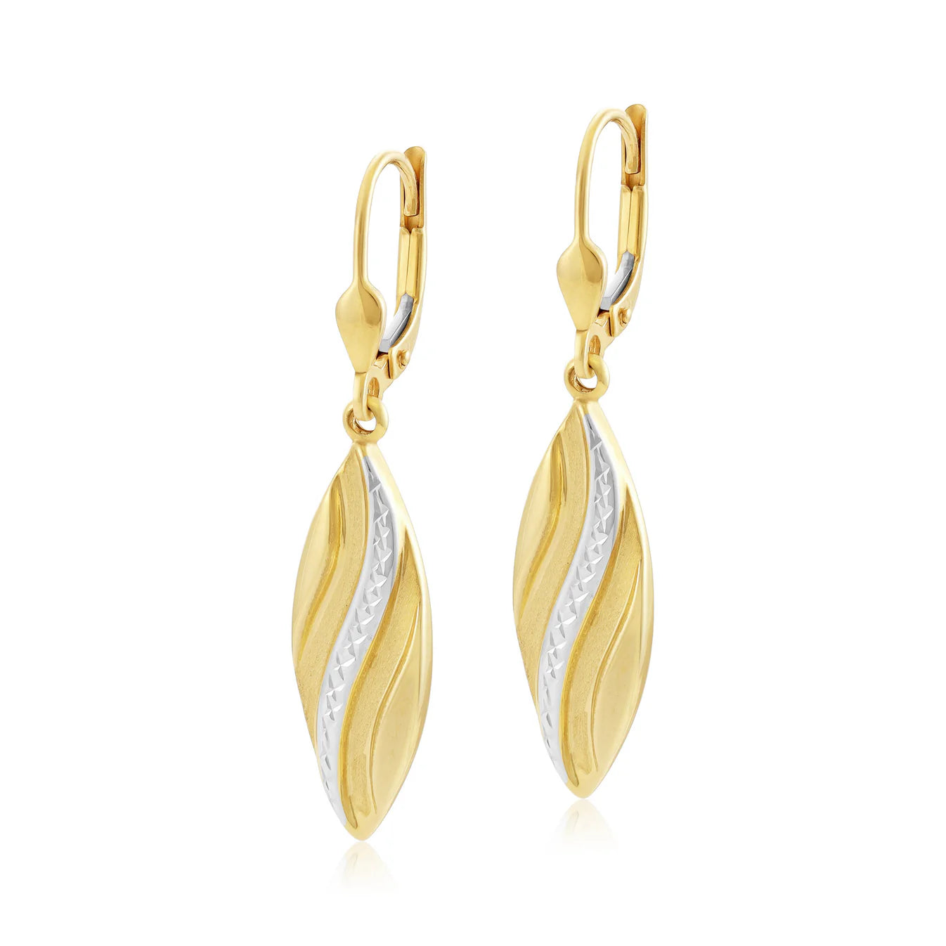 9ct Two Tone Gold Leaf Diamon Cut Drop Earrings