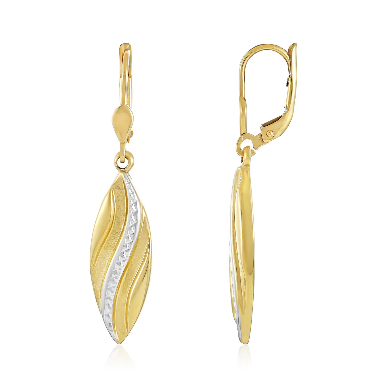 9ct Two Tone Gold Leaf Diamon Cut Drop Earrings