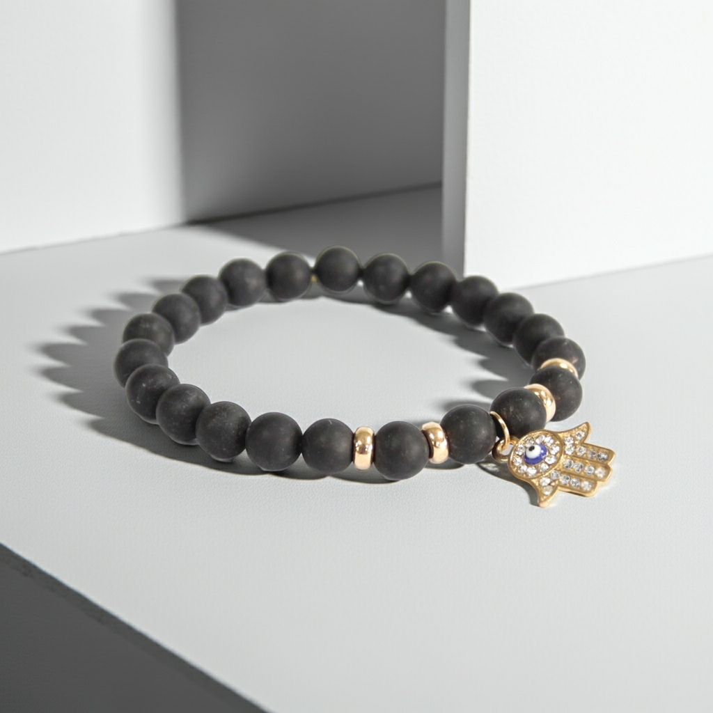 Hamsa / Black Agate - Gemstone Bracelet