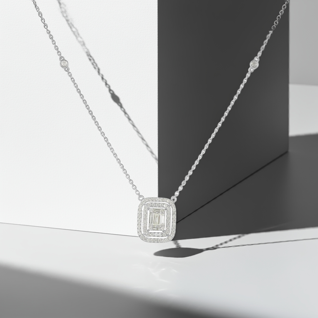 18ct White Gold Baguette & Round Diamond Double Halo Necklace