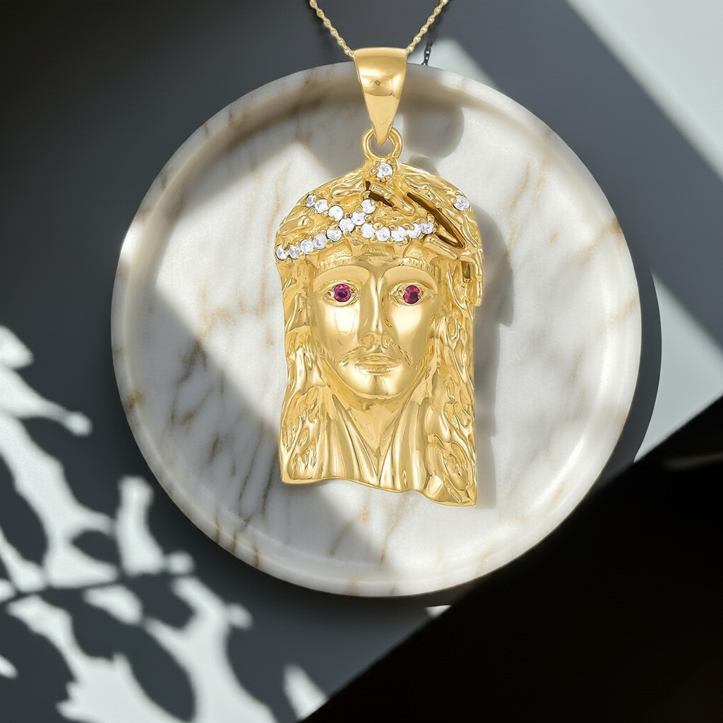 14ct Gold Red Gem-Set Jesus Head Pendant
