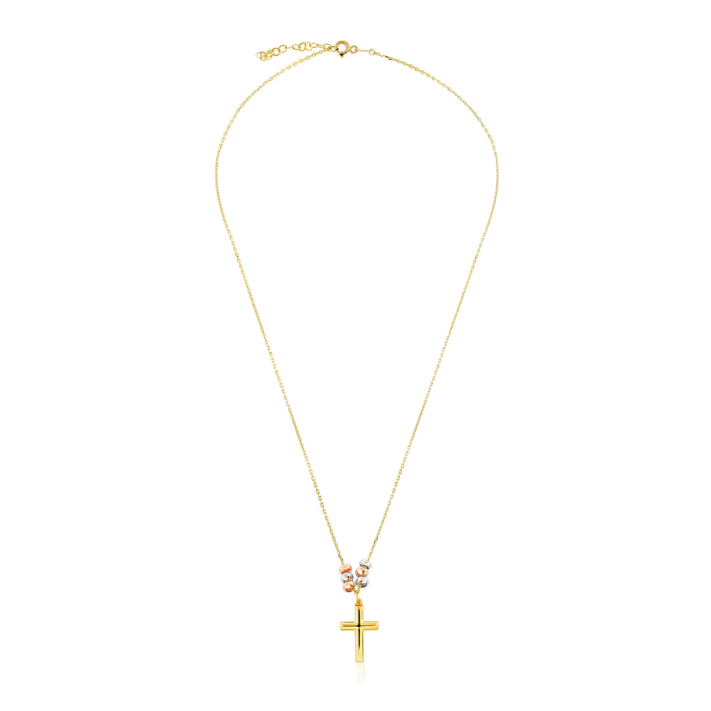 9ct Yellow Gold Tri Colour Bead Cross Pendant Necklace
