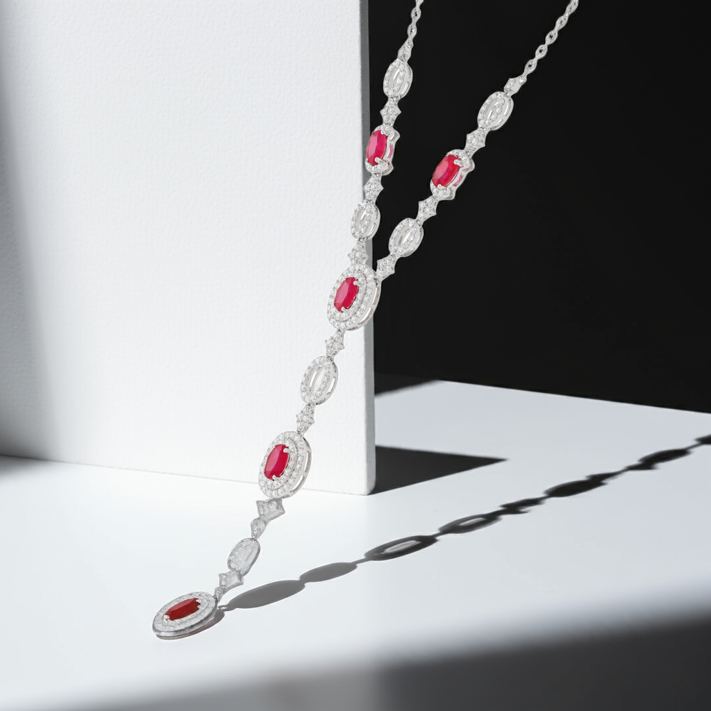 18ct White Gold Diamond and Ruby Drop Necklace