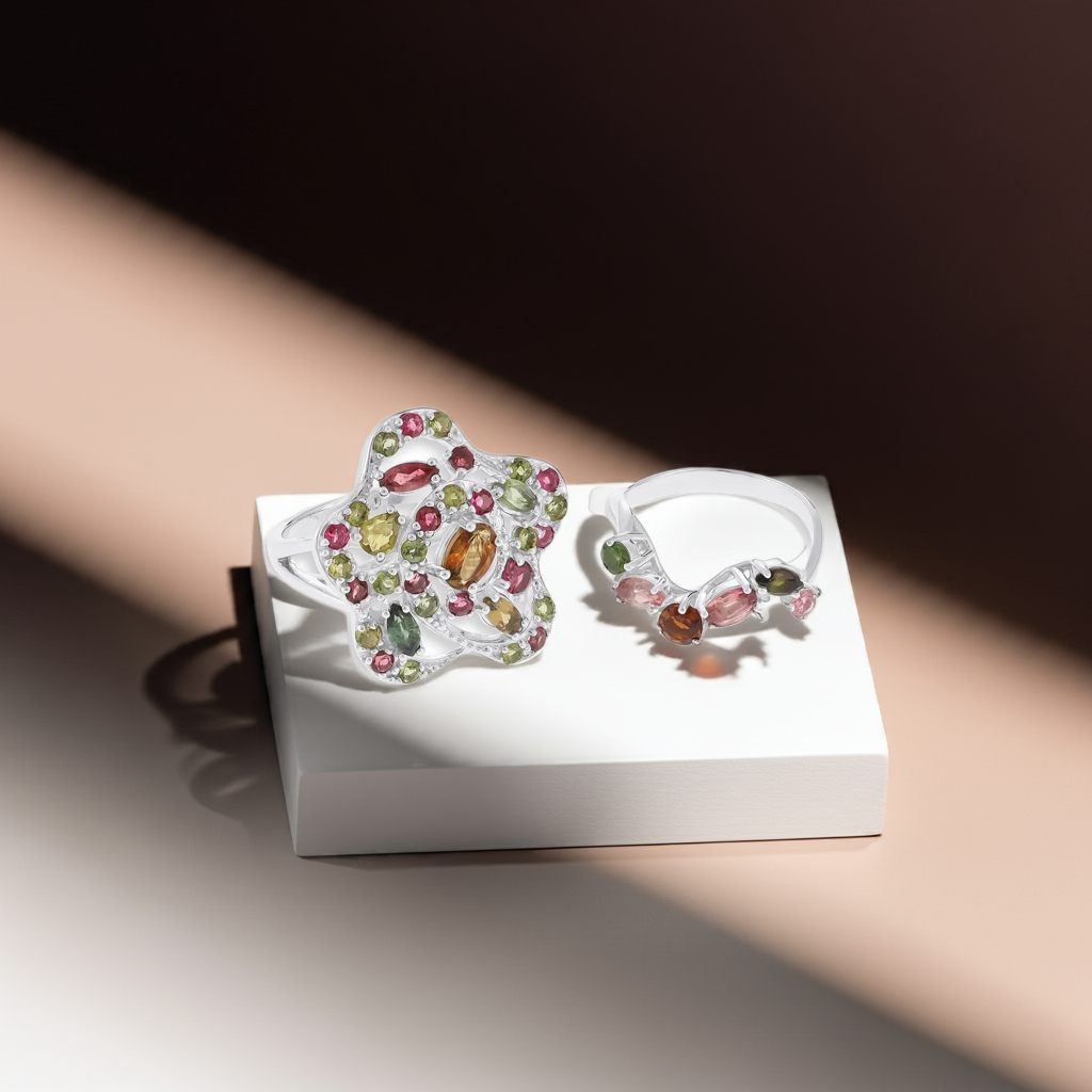 925 Silver Rhodium Plated Multi-tourmaline Flower Ring