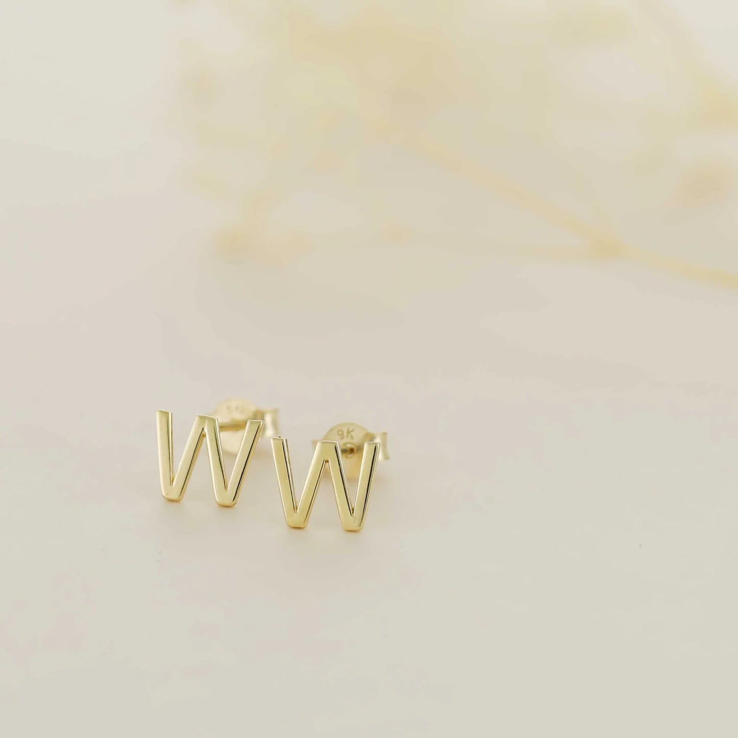 9ct Yellow Gold Initial Stud Earrings - Letter W