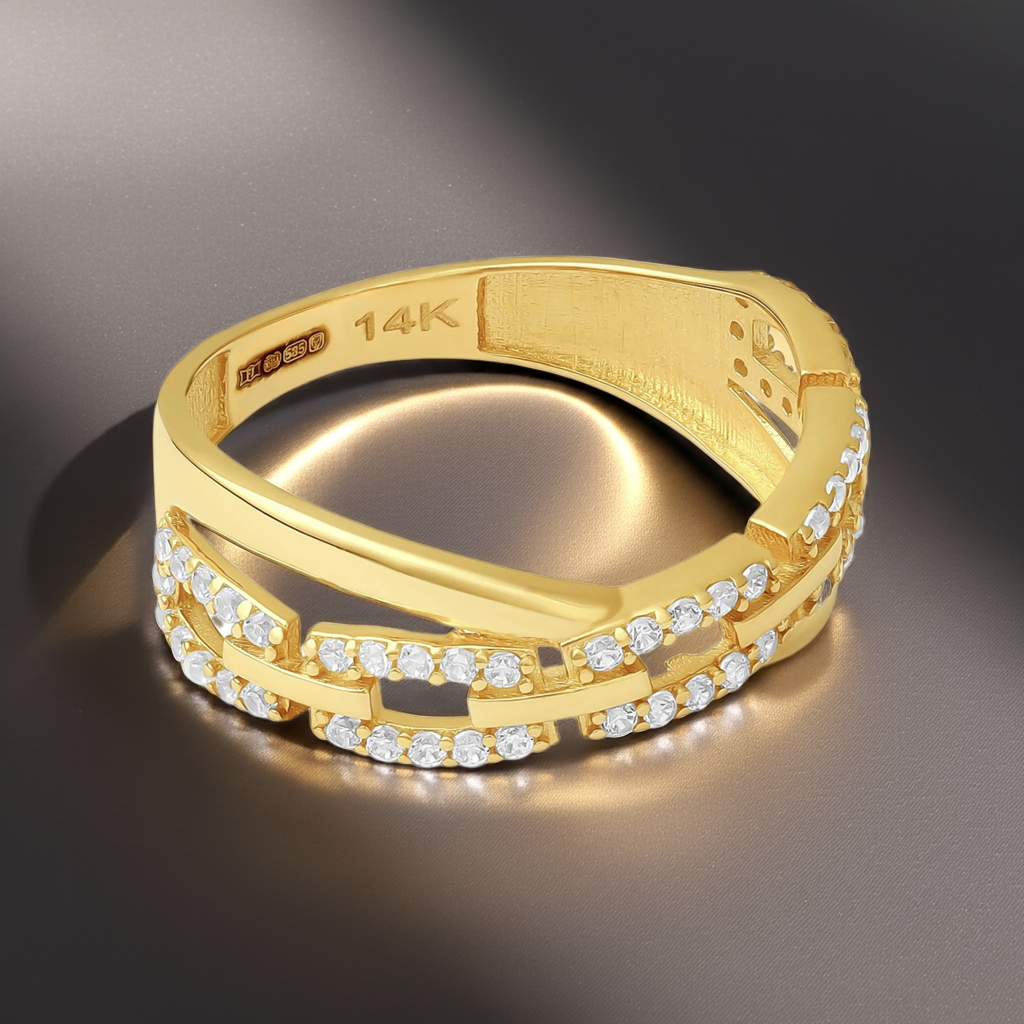 14ct Yellow Gold Cubic Zirconia Chain Detail Ring