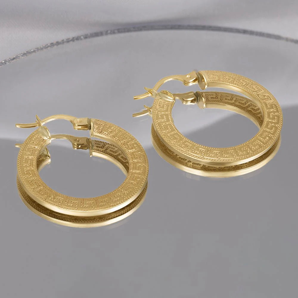 9ct Yellow Gold Greek Key Hoop Earrings