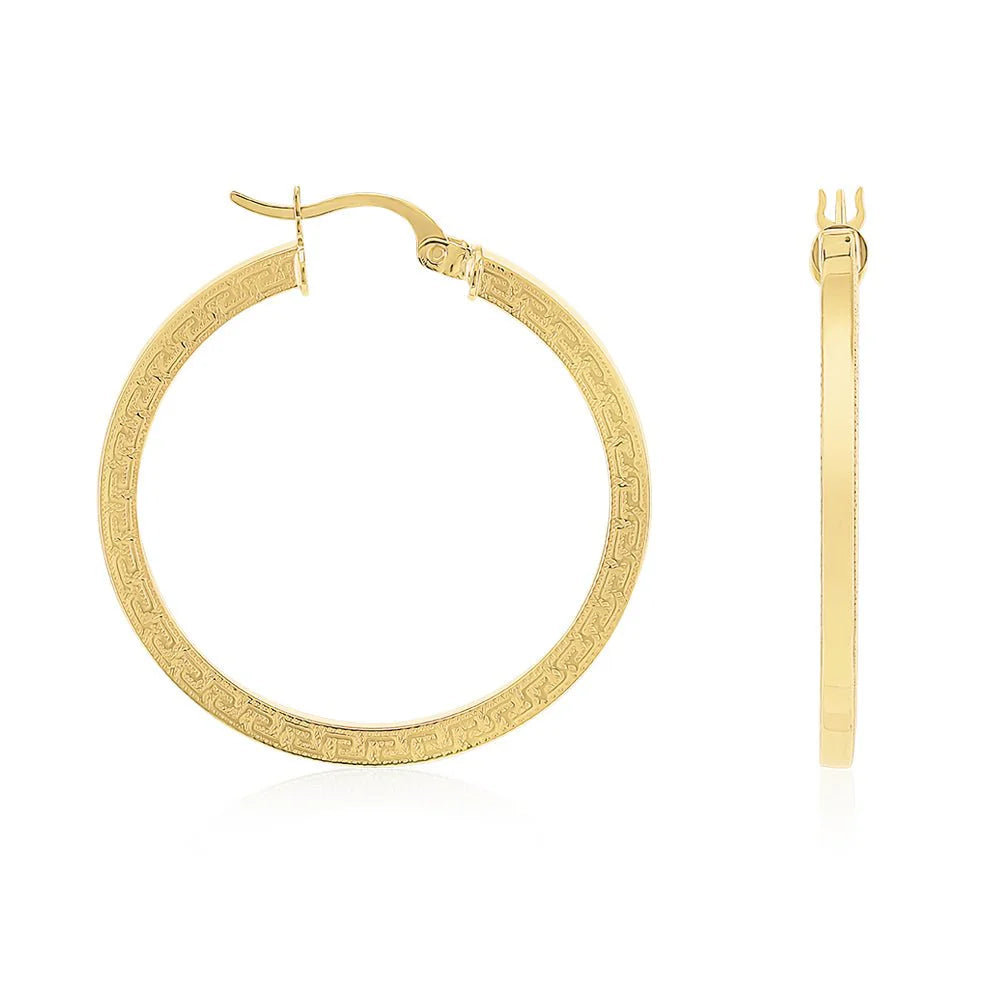 9ct Yellow Gold Greek Key Hoop Earrings