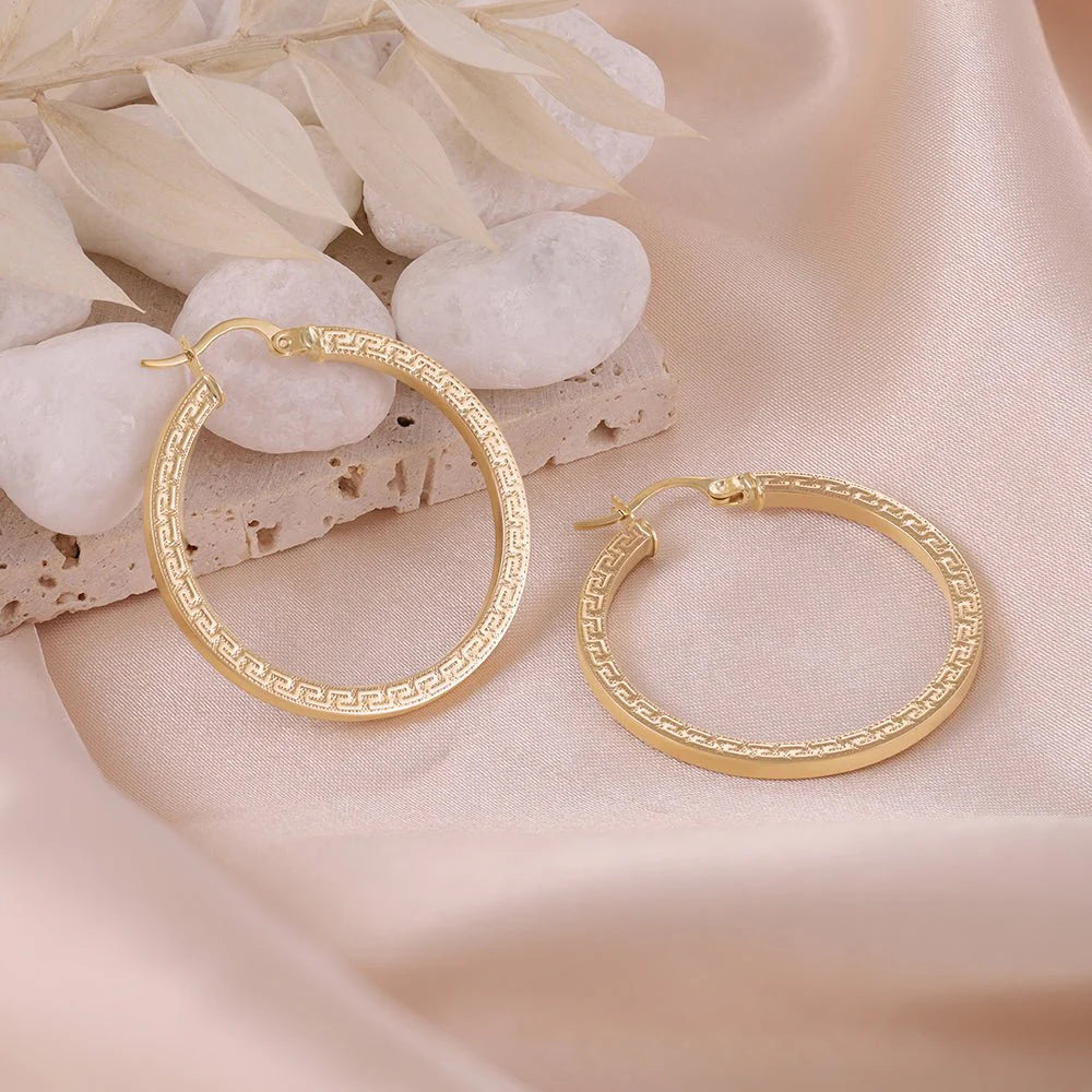 9ct Yellow Gold Greek Key Hoop Earrings