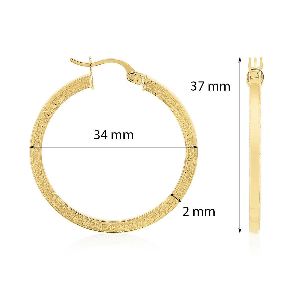 9ct Yellow Gold Greek Key Hoop Earrings