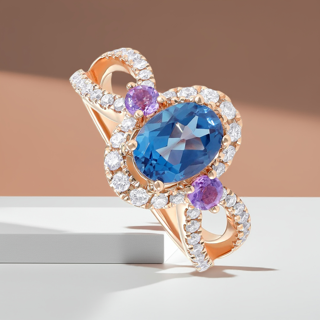 18ct Rose Gold Diamond Blue Topaz and Pink Amethyst Ring