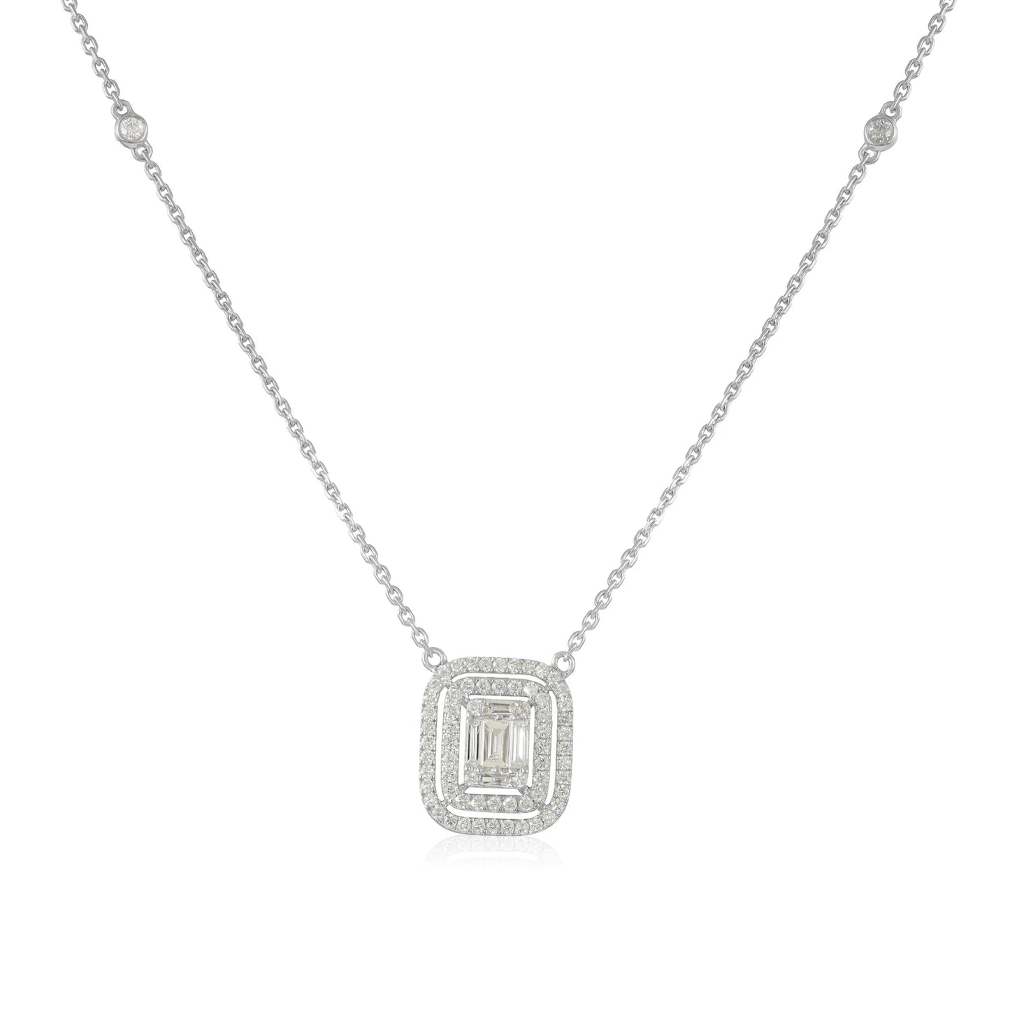 18ct White Gold Baguette & Round Diamond Double Halo Necklace