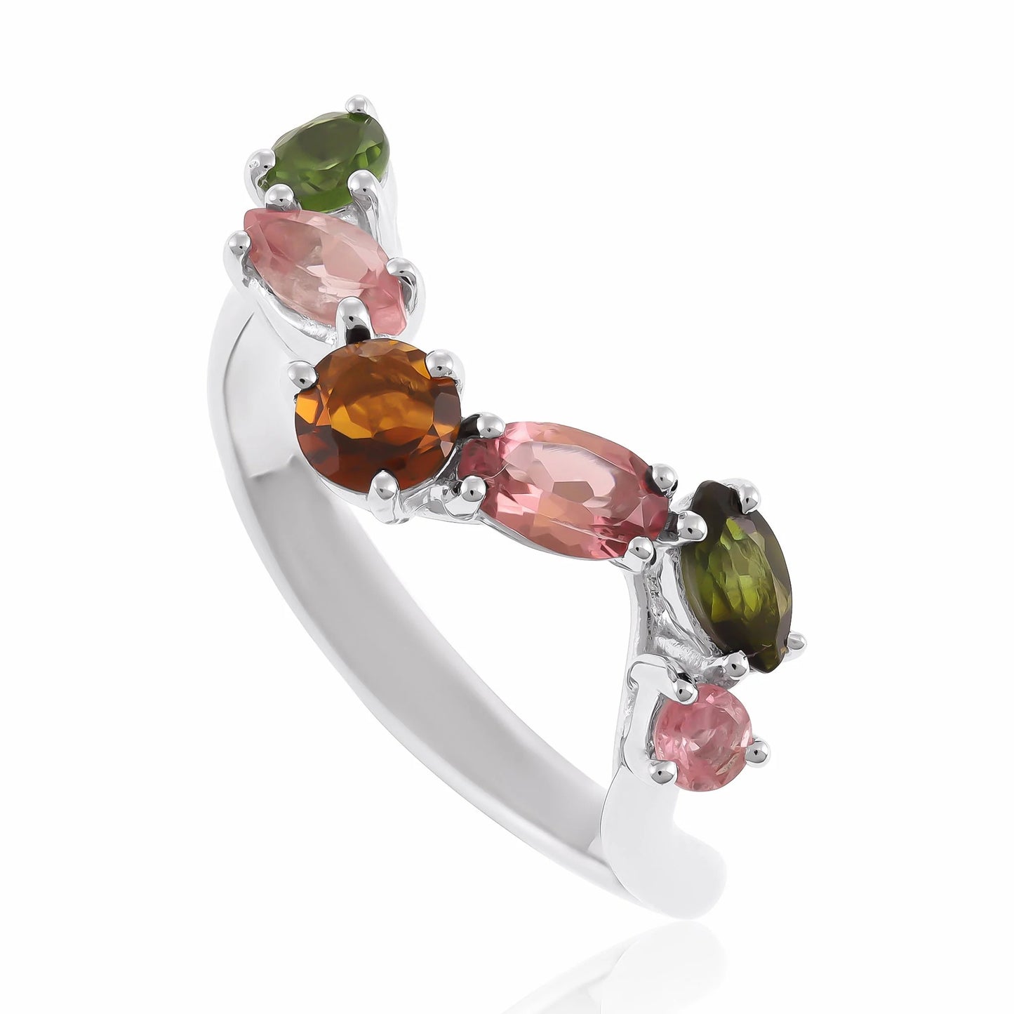 Sterling Silver Rhodium Plated Multi Tourmaline Ring