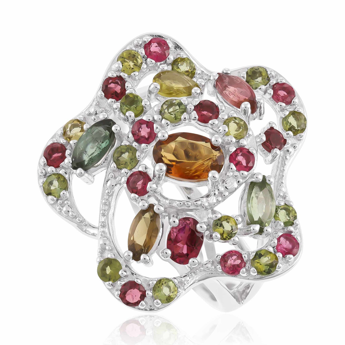 925 Silver Rhodium Plated Multi-tourmaline Flower Ring