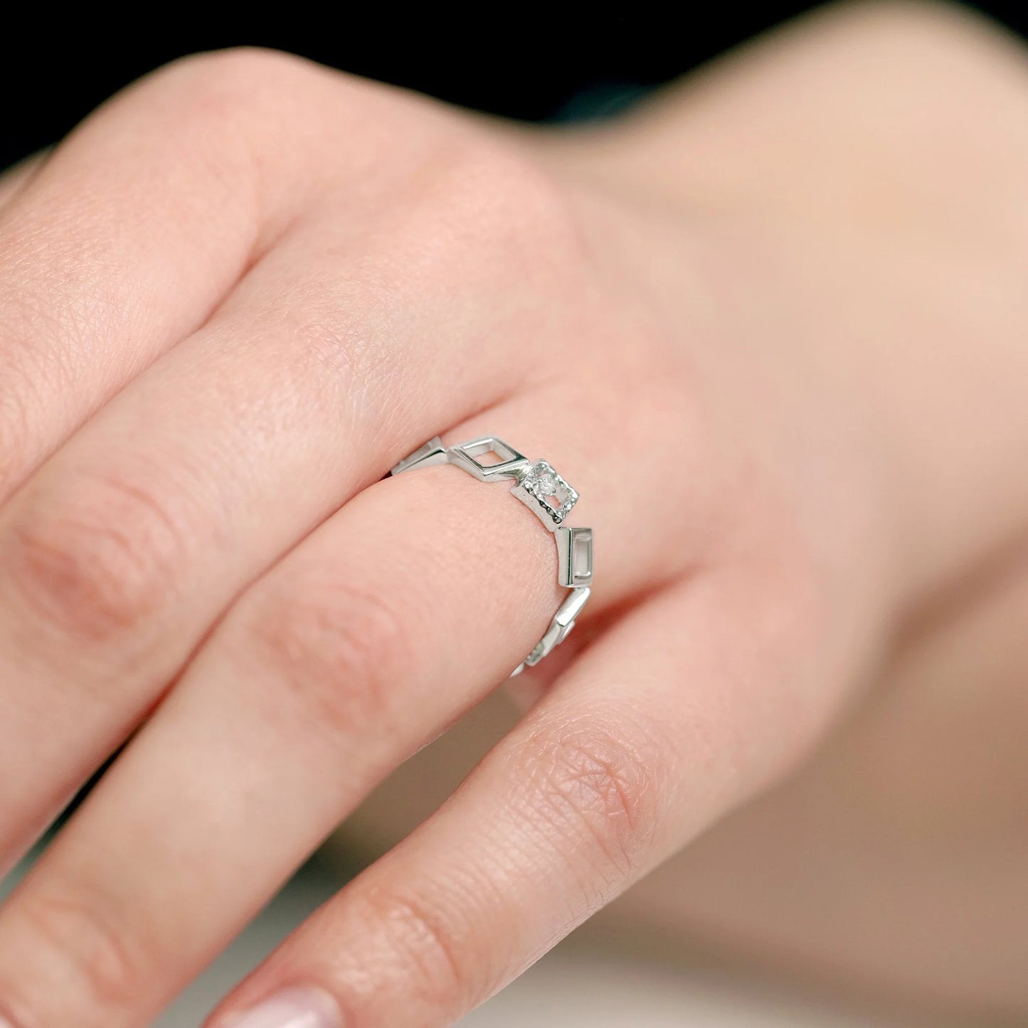 Sterling Silver Rhodium Plated Cubic Zirconia Geometric Ring