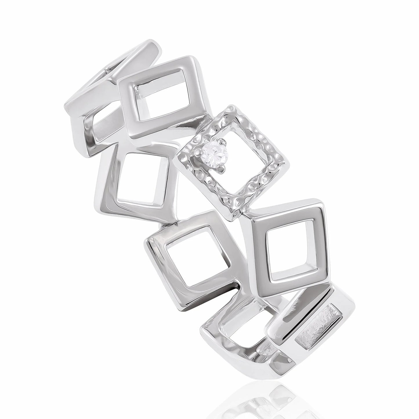 Sterling Silver Rhodium Plated Cubic Zirconia Geometric Ring