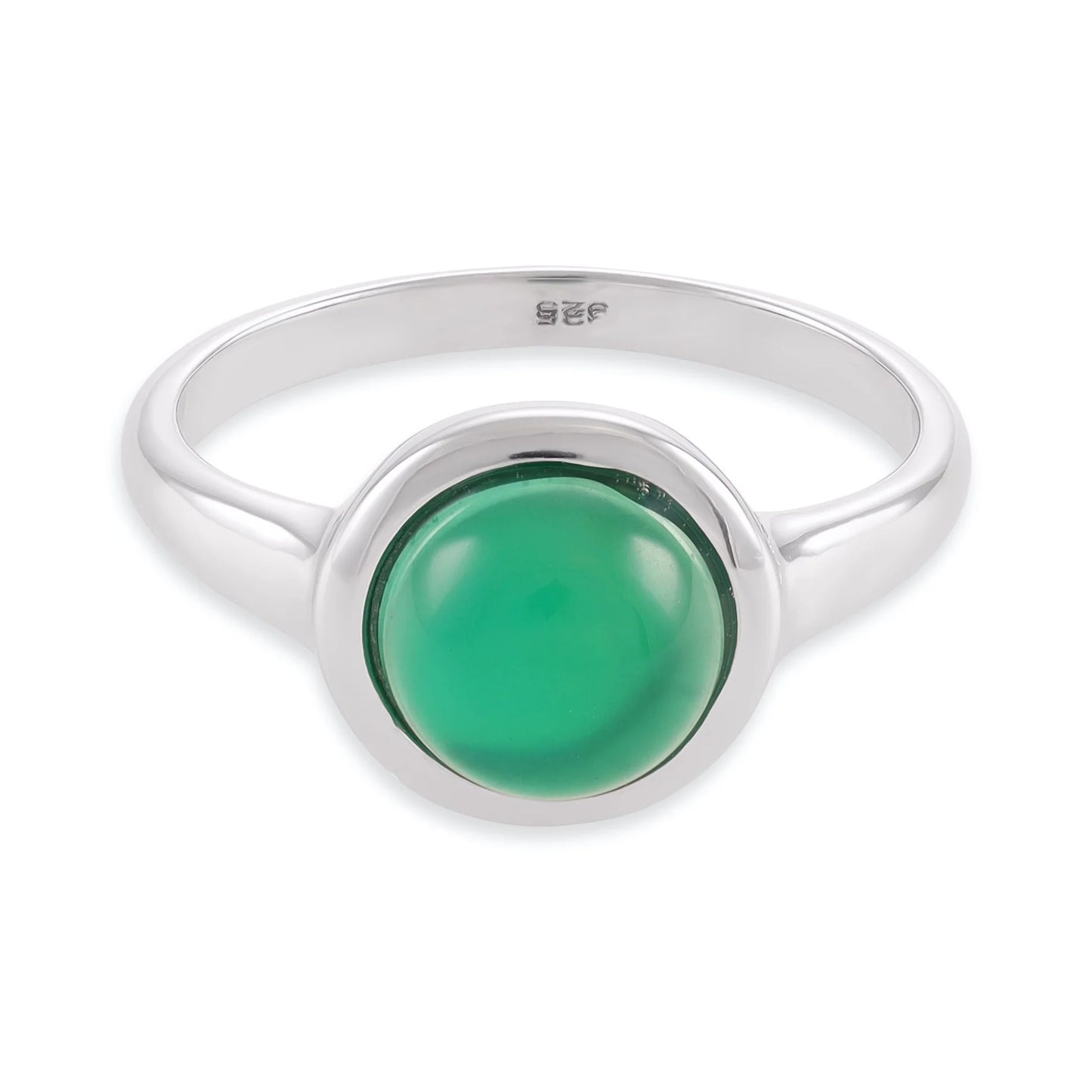 Silver rhodium plated ring with green agate stone