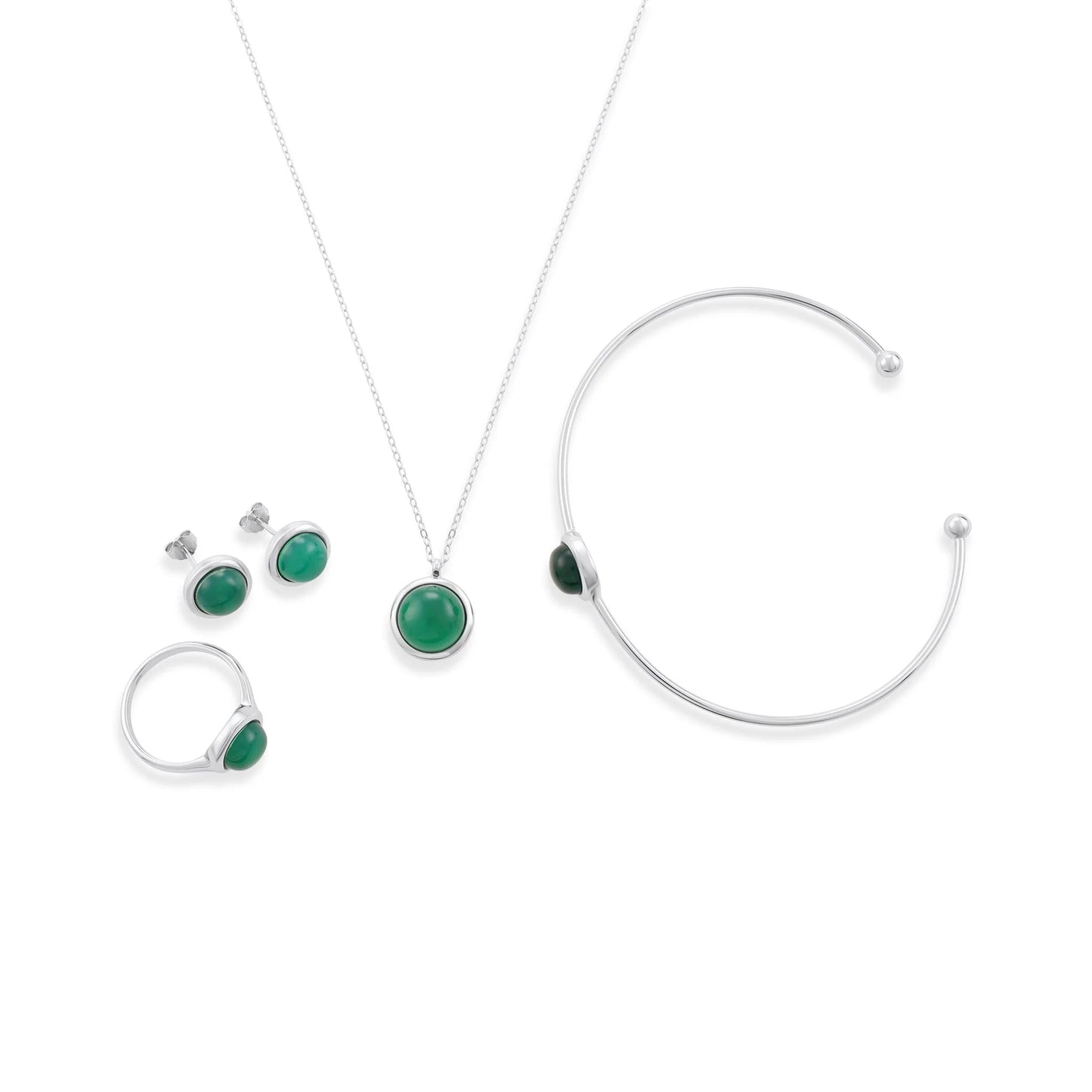 Silver rhodium plated ring with green agate stone