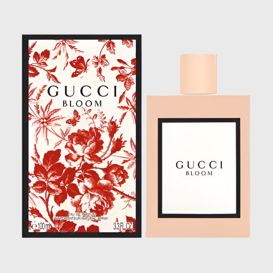 Gucci Bloom perfume bottle and packaging with floral design