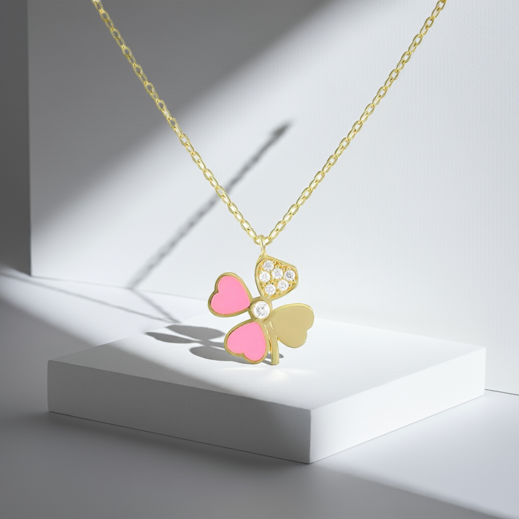 925 Sterling Silver Pink Cubic Zirconia Clover Necklace