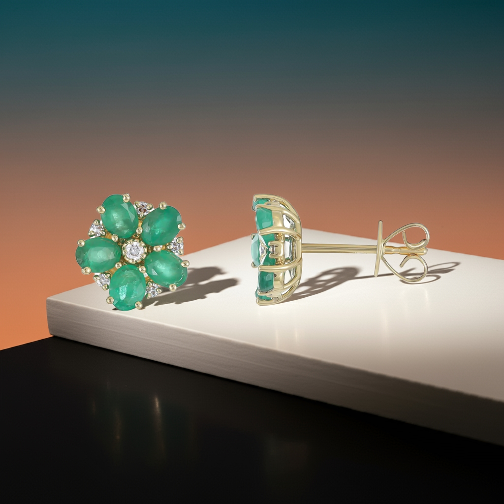 18ct Yellow Gold Emerald Flower Stud Earrings