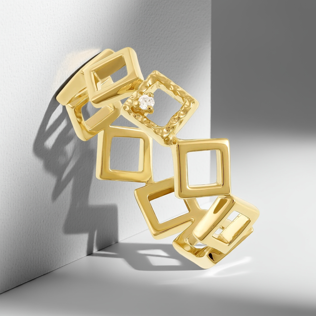 18ct 1 Micron Gold Plated Silver Cubic Zirconia Geometric Ring