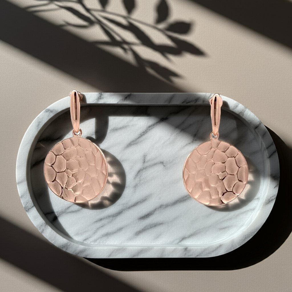 18ct 1 Micron 925 Sterling Silver Hammered Disc Earrings
